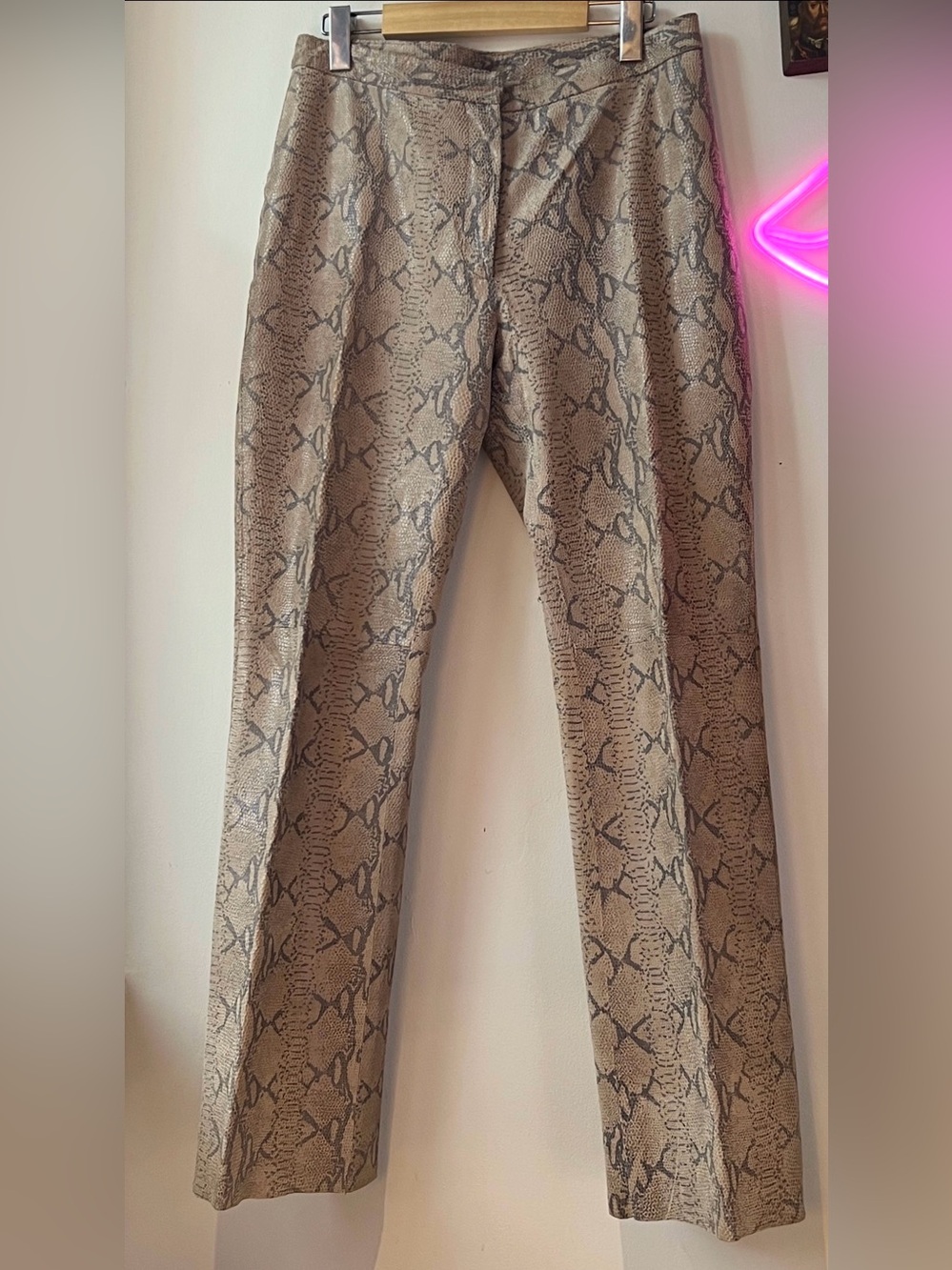 INC International Concepts Beige and Gray Snake-Print Leather Pants